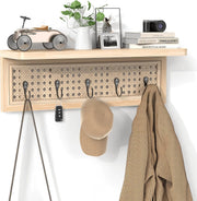 Boho Rattan Wall Shelf with 5 Hooks Natural Wood Floating Entryway Rack