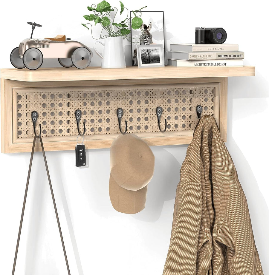 Boho Rattan Wall Shelf with 5 Hooks Natural Wood Floating Entryway Rack