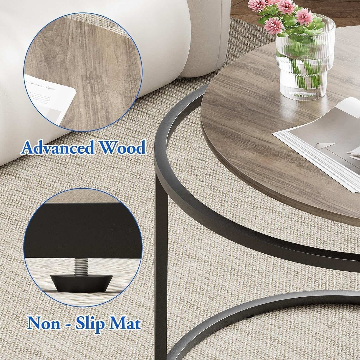 Nesting Coffee Table Set 2 Round End Side Tables Sled Base Oak Black Metal