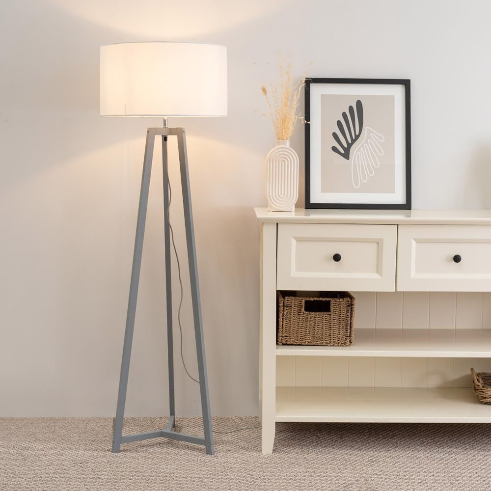 Grey Wooden Tripod Floor Lamp White Fabric Drum Shade LED Light