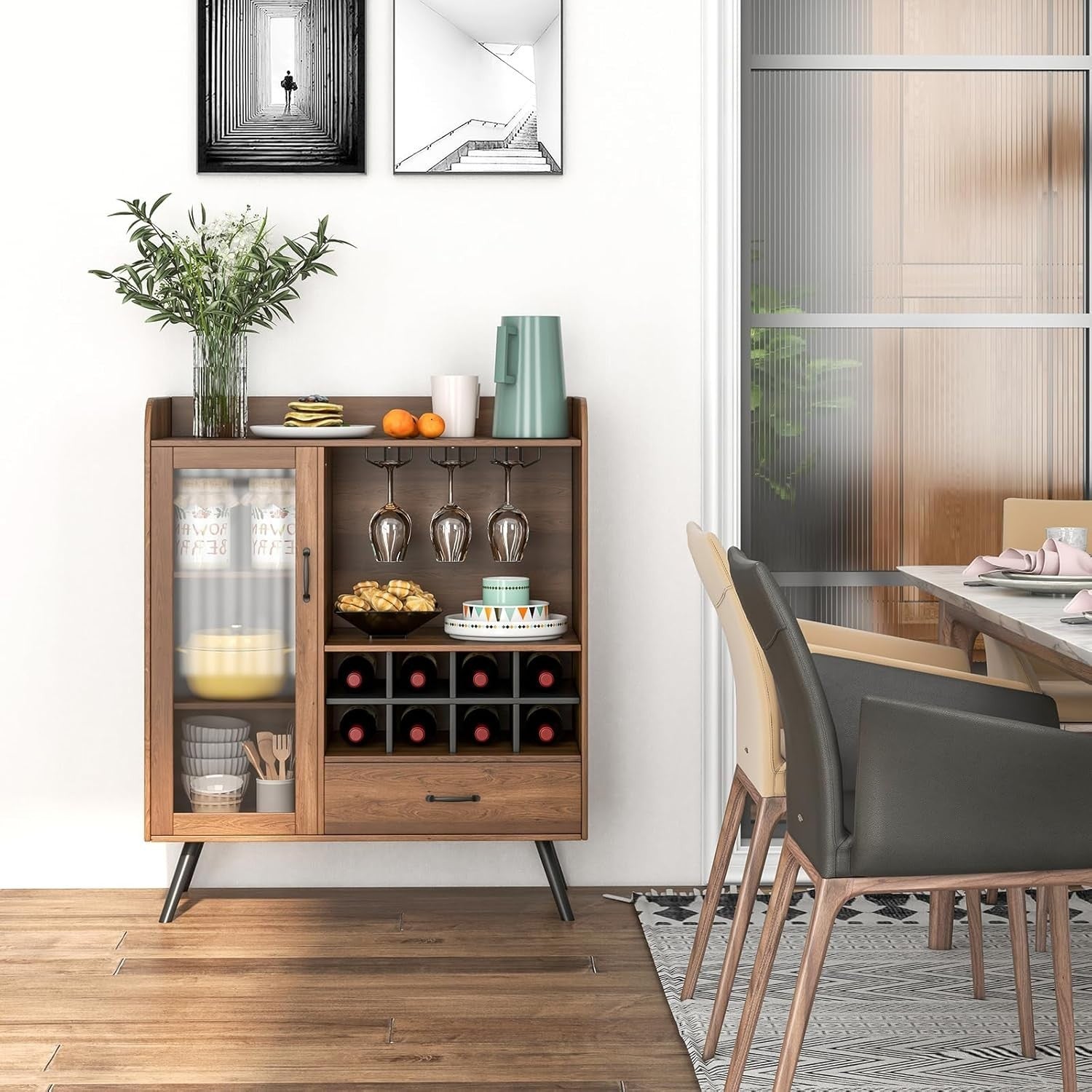 Rustic Sideboard Drinks Cabinet with Wine Rack Glass Holder Drawer Home Bar