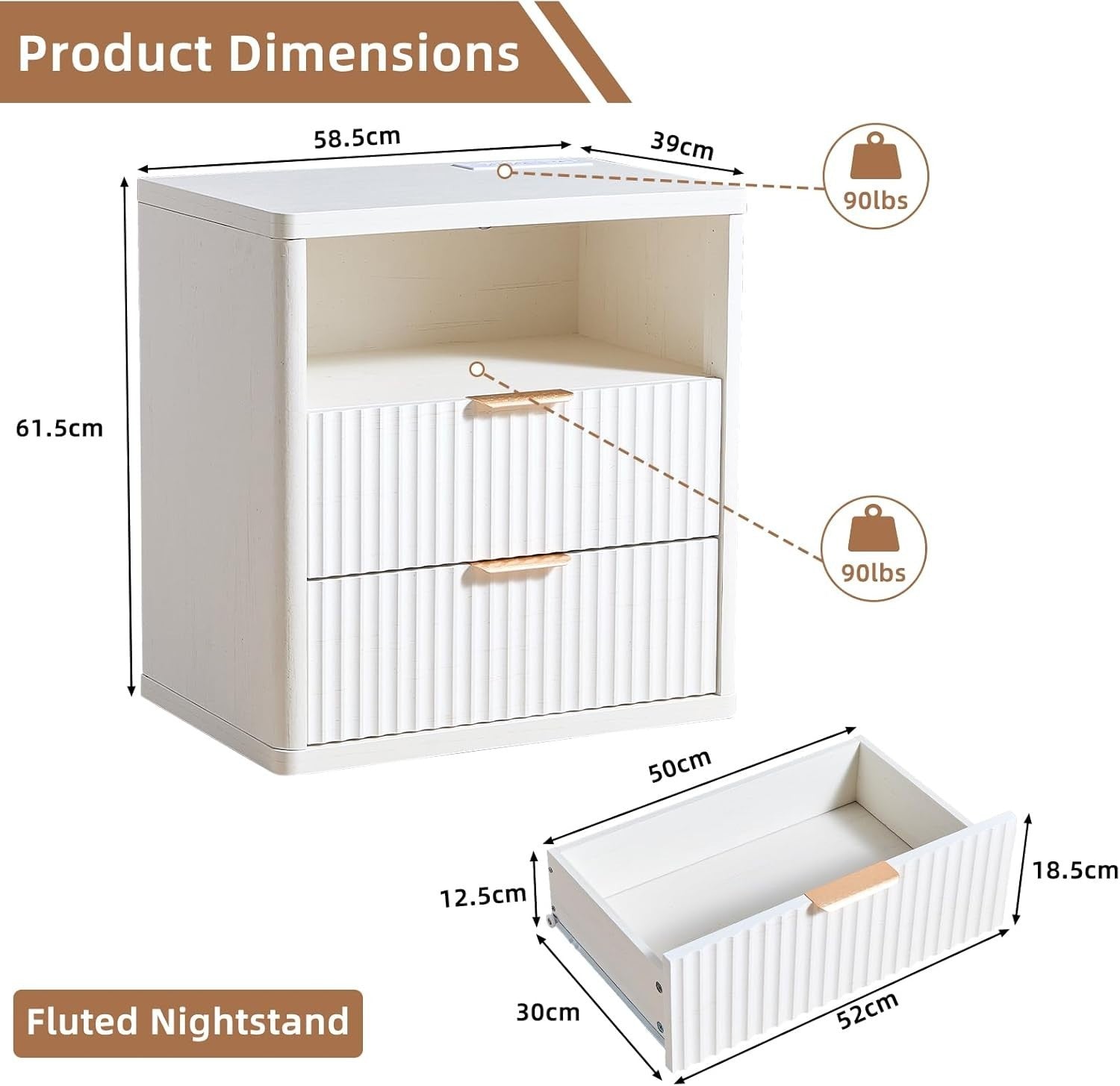 White Fluted Bedside Table with 2 Drawers Modern Nightstand Storage Cabinet