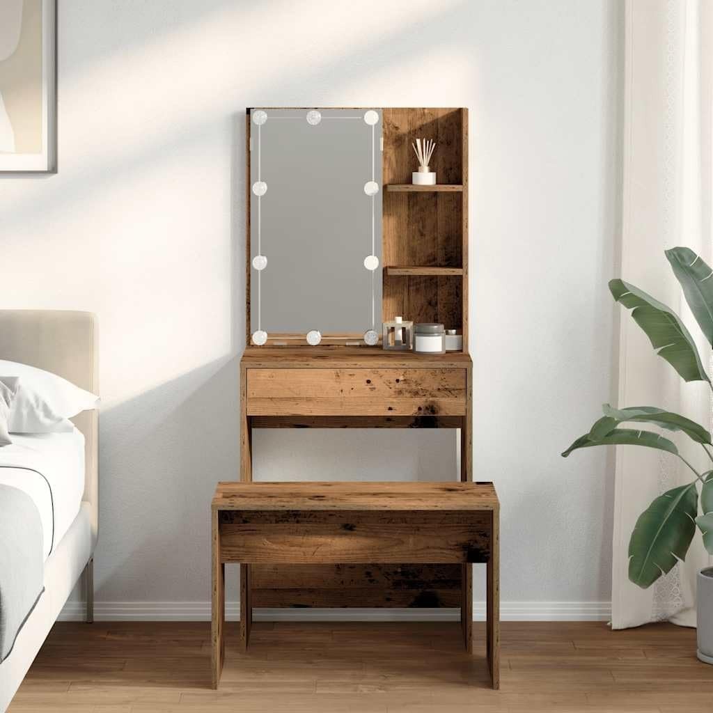 LED Vanity Set Dressing Table Mirror Stool Old Wood Makeup Desk Storage Drawers