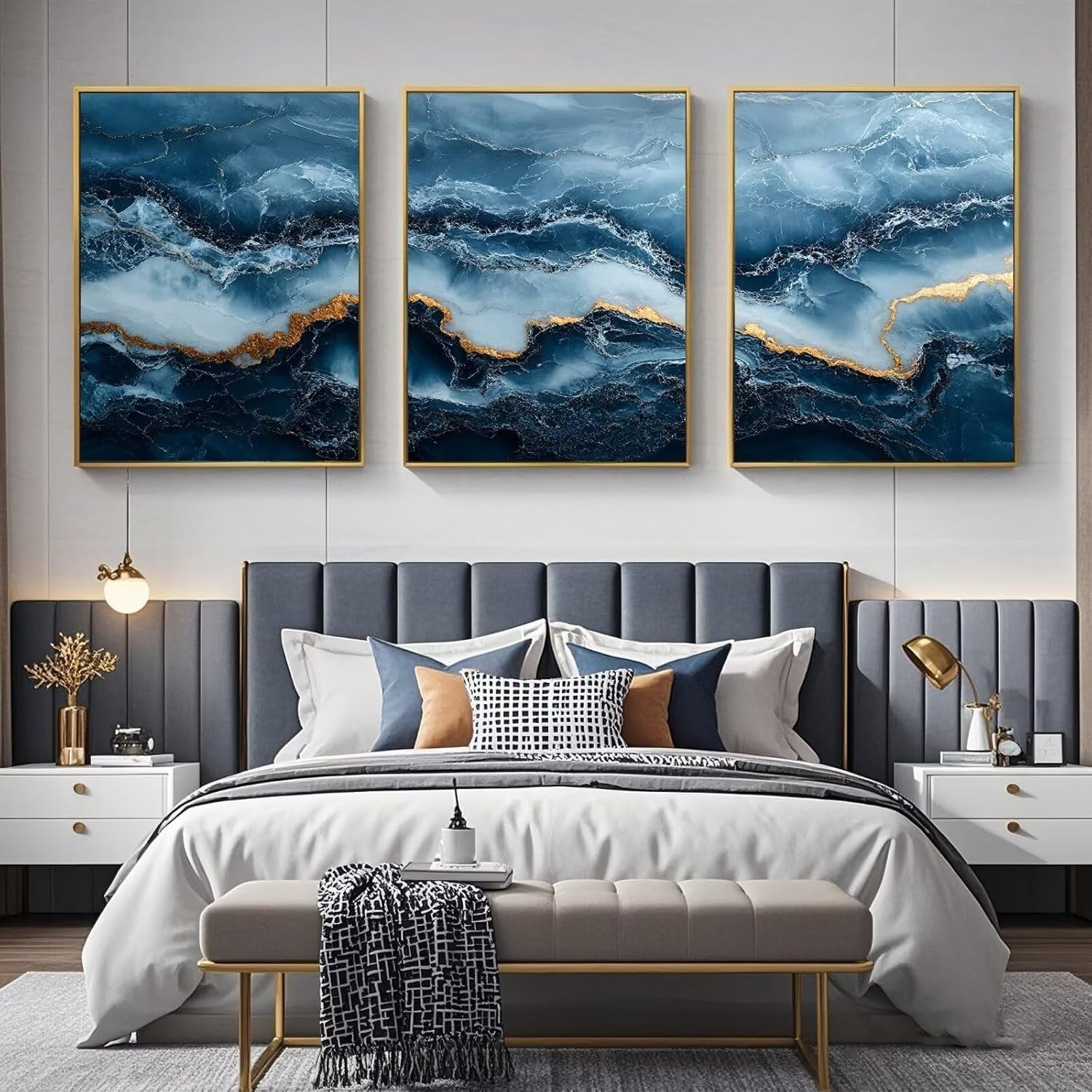 Navy Blue Gold Wall Art Set of 3 A4 Abstract Marble Prints Modern Decor