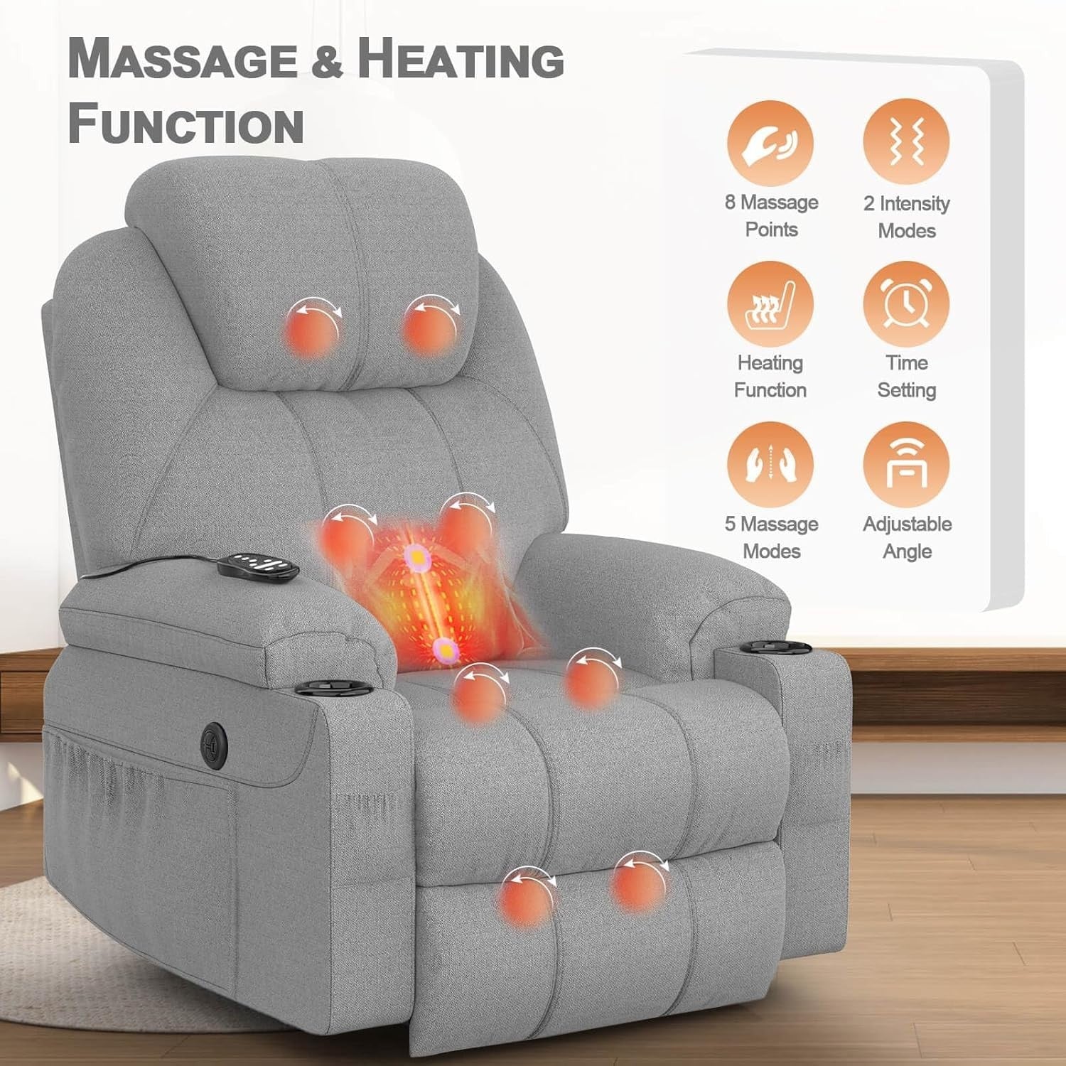 Set of 2 Power Lift Recliners Massage Heat USB-C Footrest Cup Holders Grey