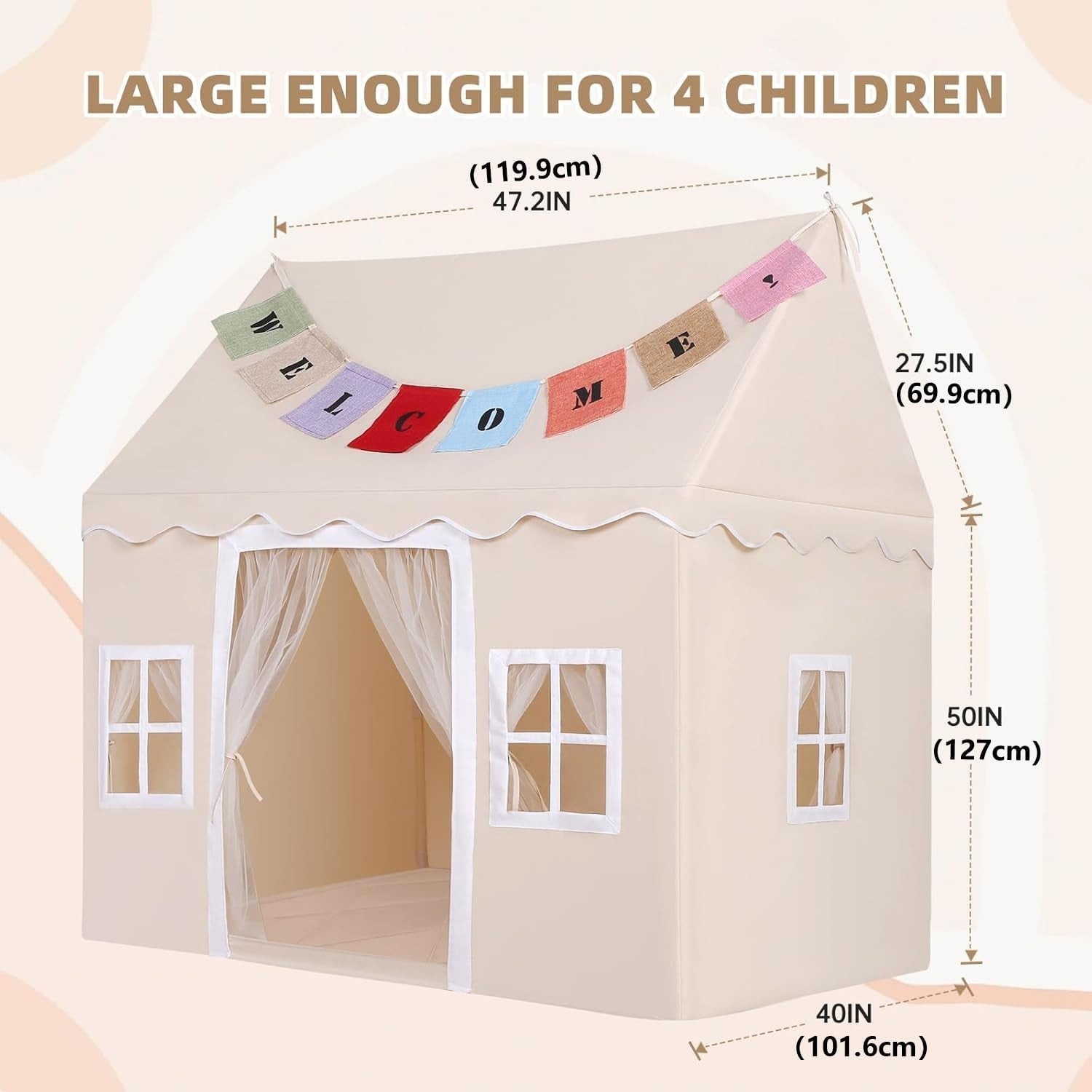 Extra Large Kids Play Tent Indoor Outdoor Bed Playhouse Beige