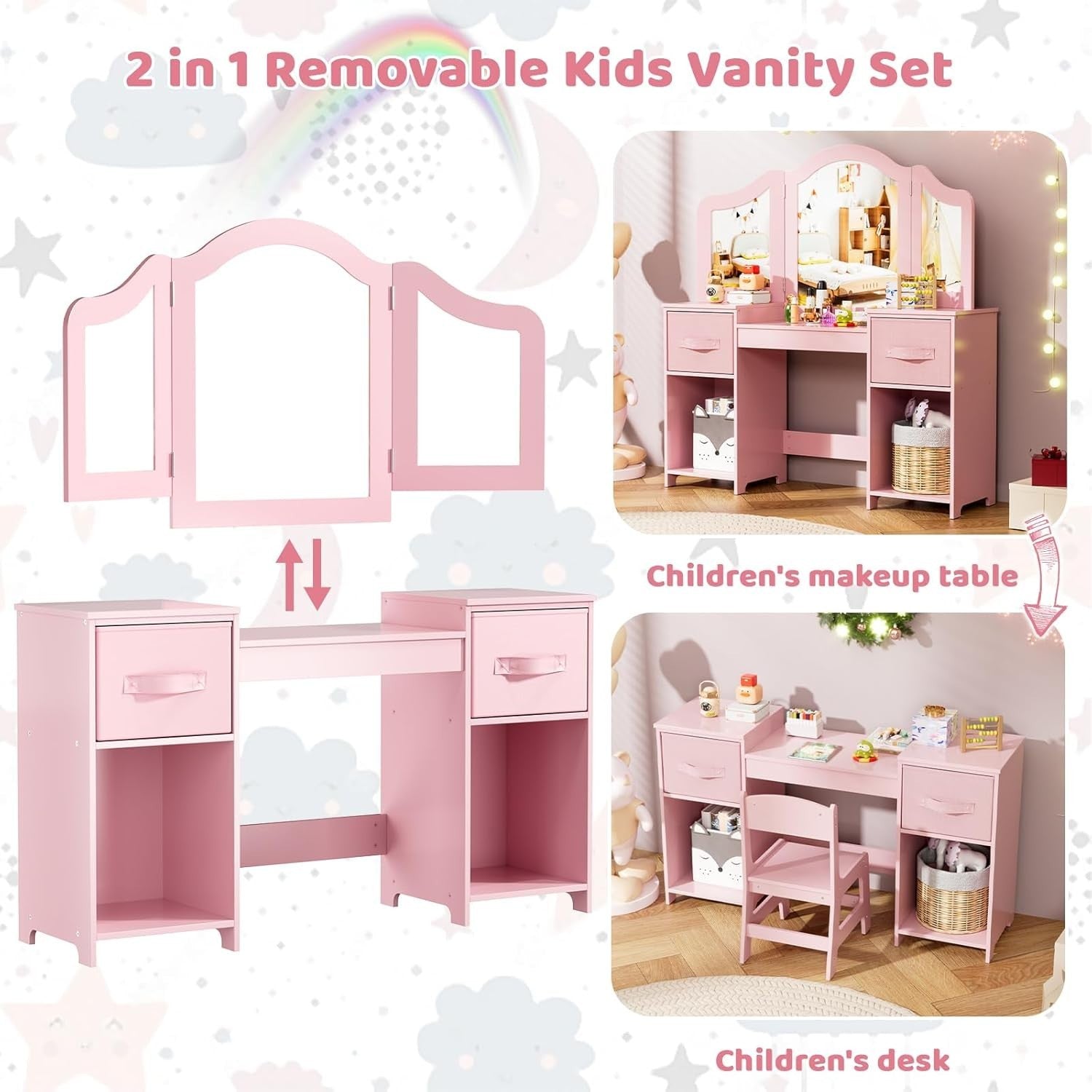 Kids Vanity Table & Chair Set with Tri-Fold Mirror Storage Desk Pink 108cm