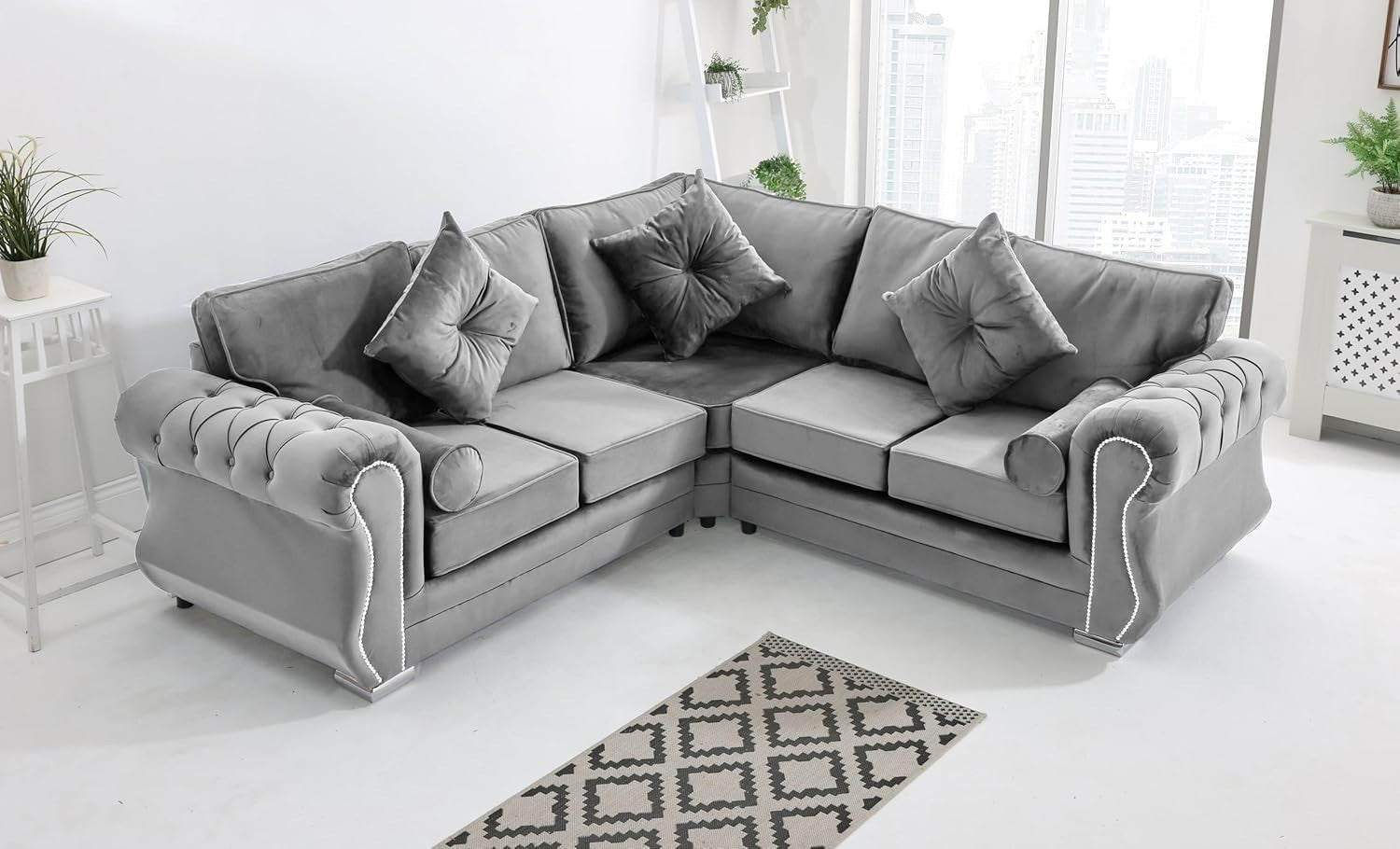 Silver Velvet Corner Sofa 5 Seater Plush Fabric, Foam Cushions, Chrome Legs