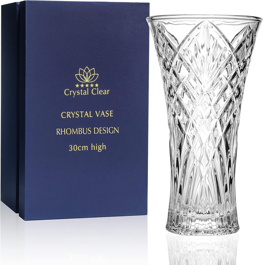 30cm Crystal Glass Flower Vase Tall Clear Cut Vase Wedding Table Centrepiece