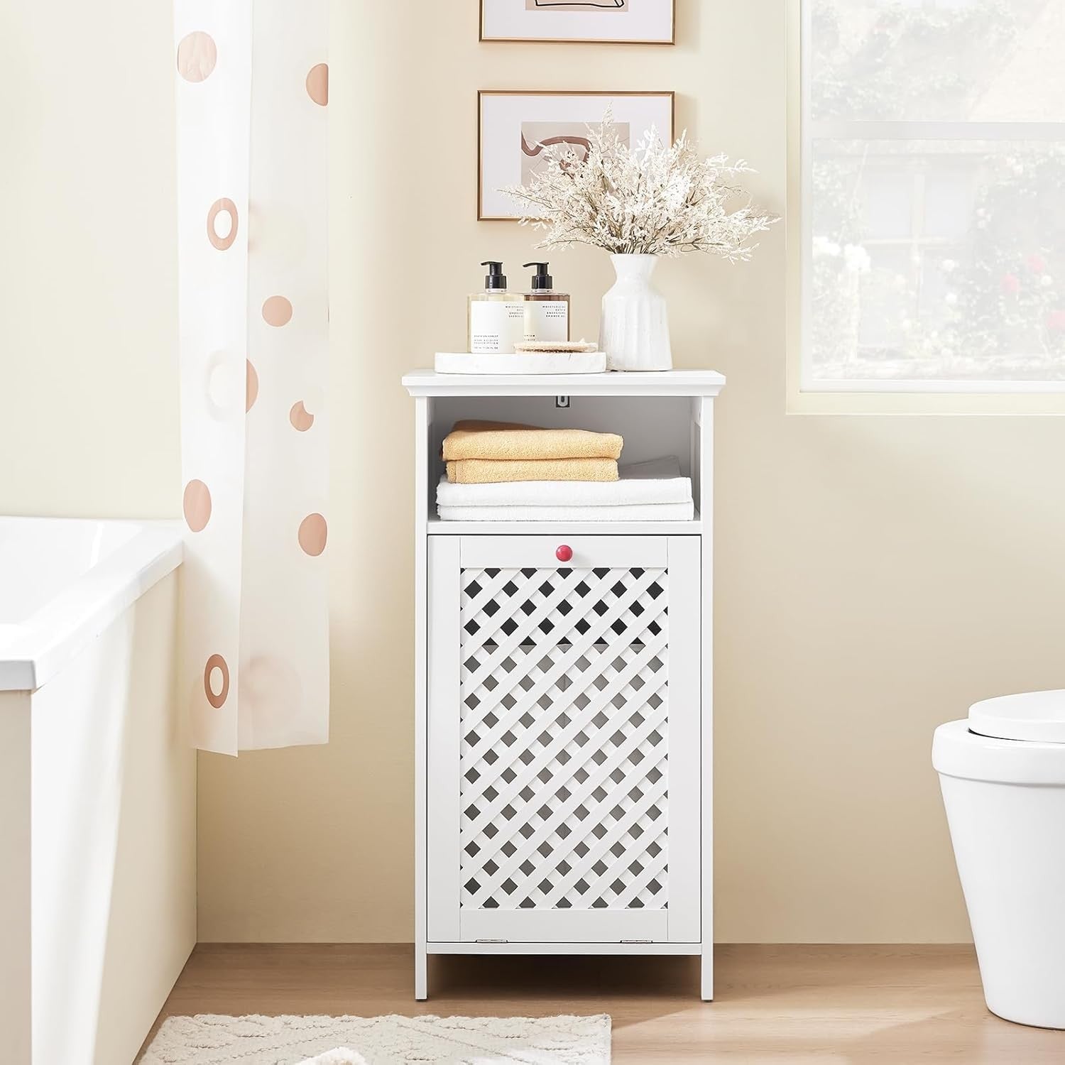 White Bathroom Laundry Cabinet with Tilt Basket & Open Shelf Slim Unit 87cm