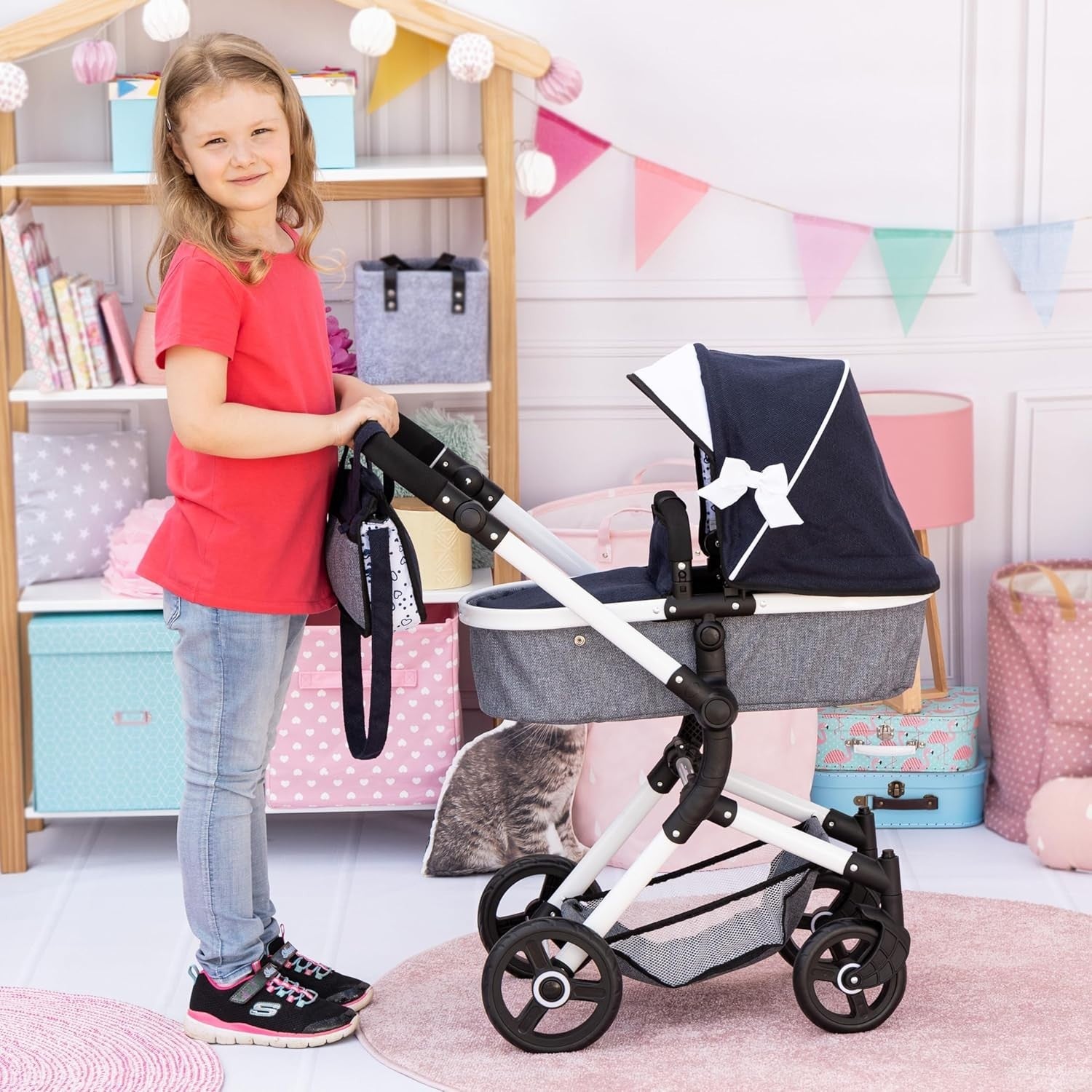 Convertible Doll Pram Stroller Adjustable Handle Foldable Basket Bag