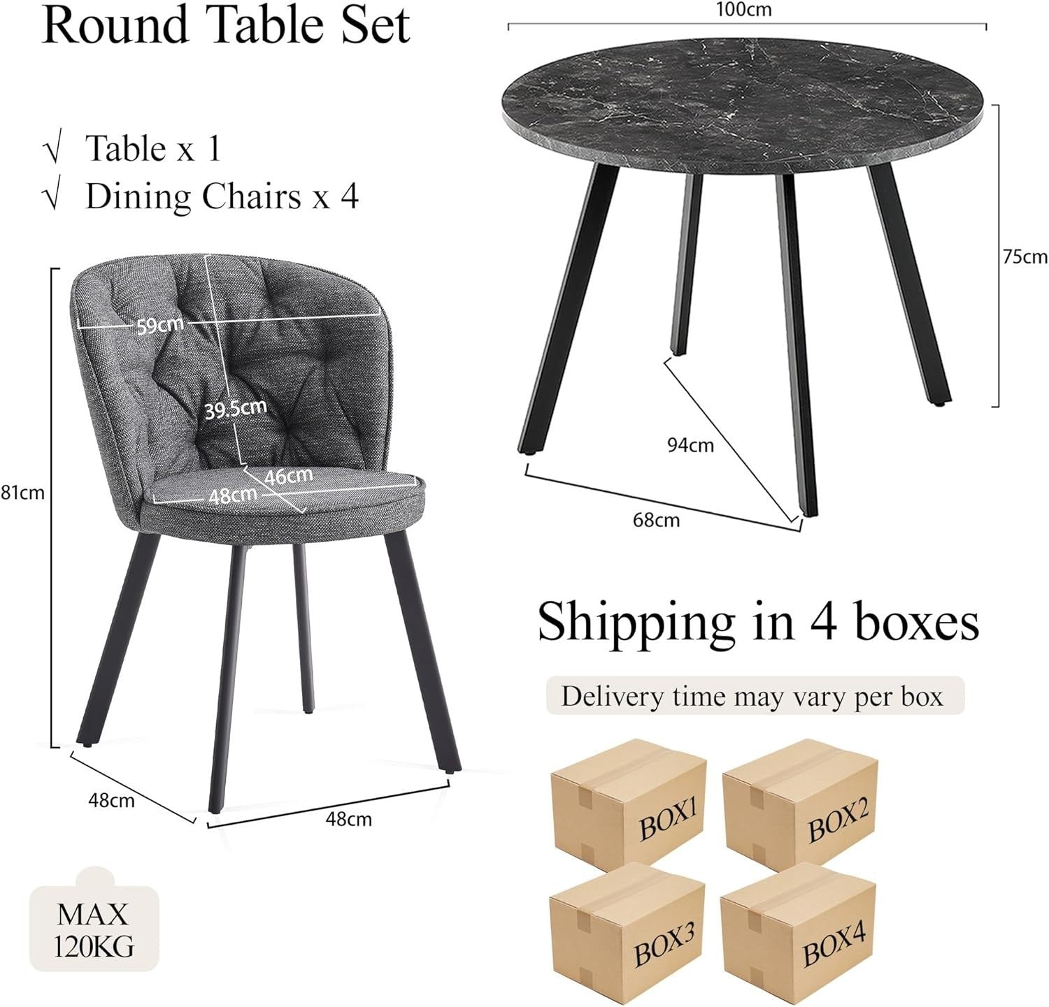 Grey Dining Chairs & Round Marble Table Set 4 Seater Modern Kitchen Room