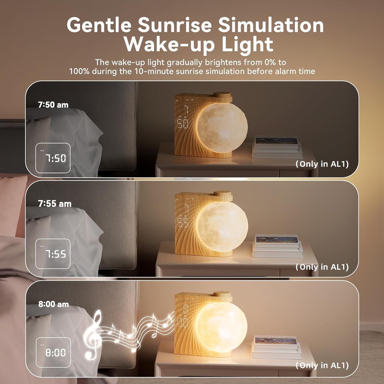 Warm White 3D Moon Light Alarm Clock Sunrise RGB Night Lamp Dual Alarm