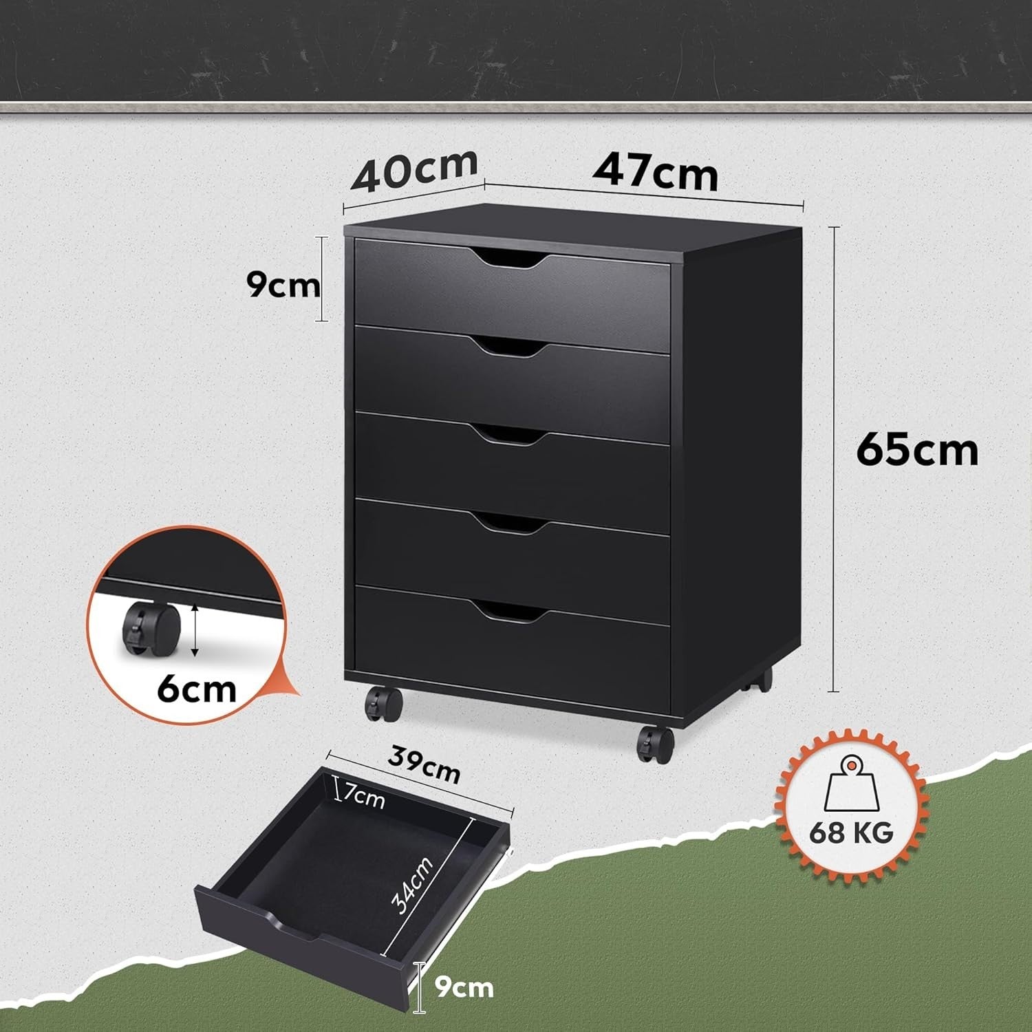 Black Mobile File Cabinet 47x40x65cm 5 Drawer Printer Stand