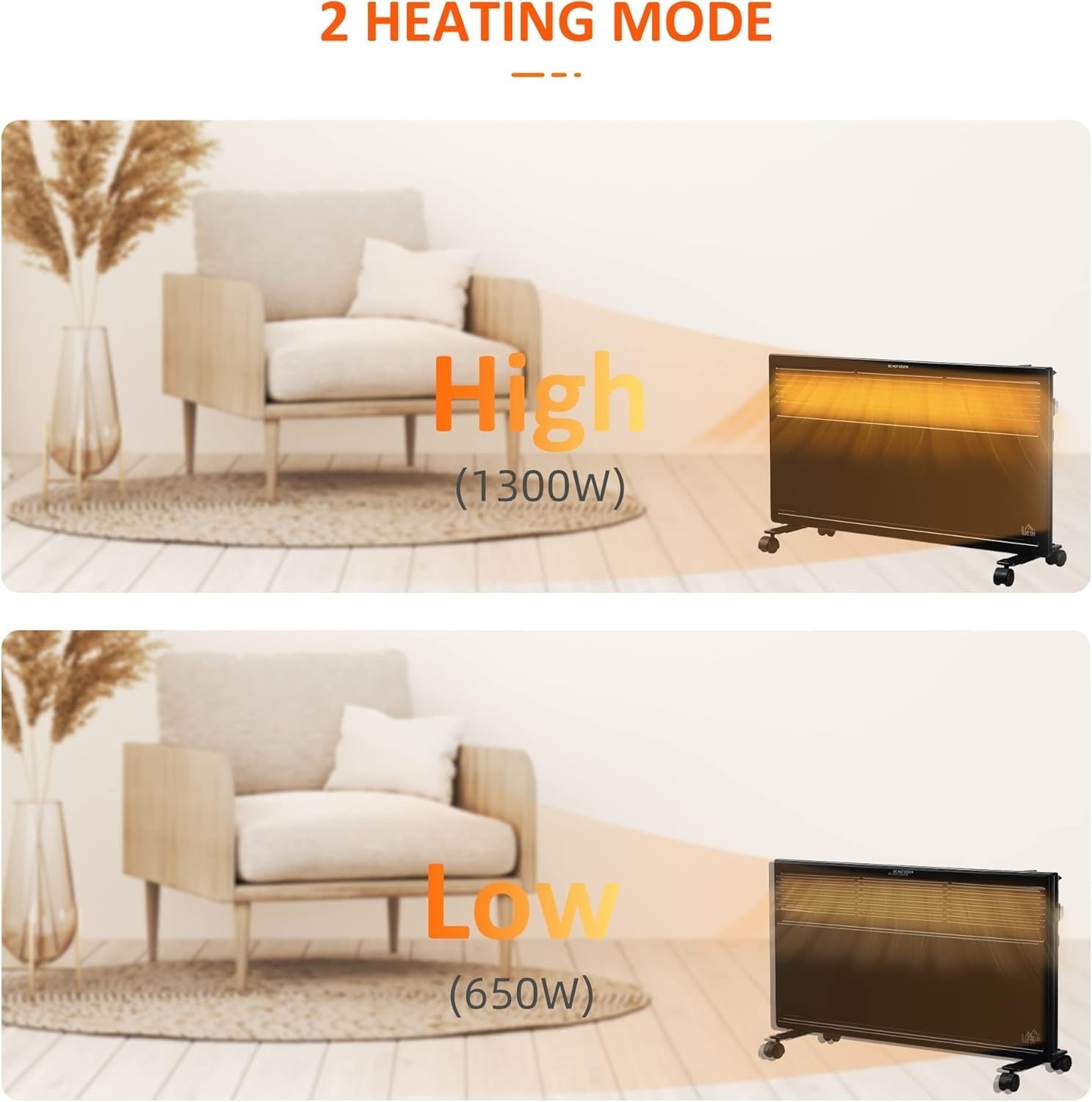 650W/1300W Portable Convector Heater Freestanding or Wall-Mounted Black