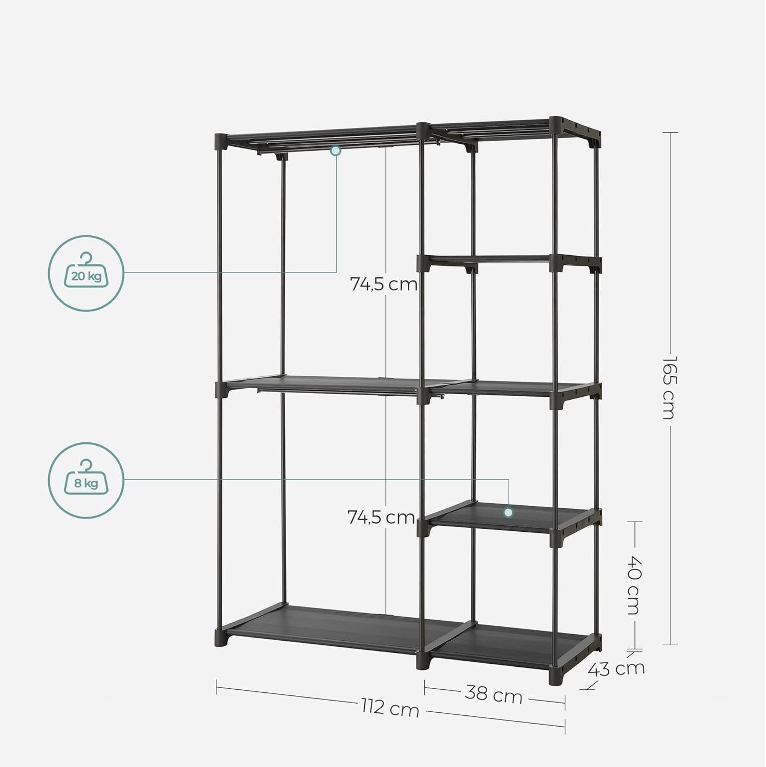 Freestanding Wardrobe with Shelves & Rails – Black 165cm