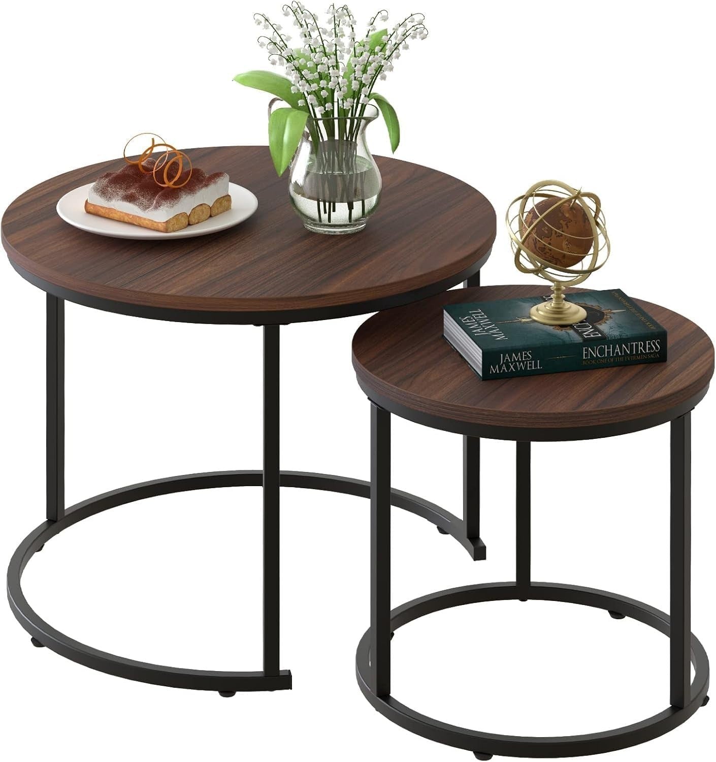 Nesting Coffee Table Set 2 Round End Tables Modern Side Desk Gray/Black