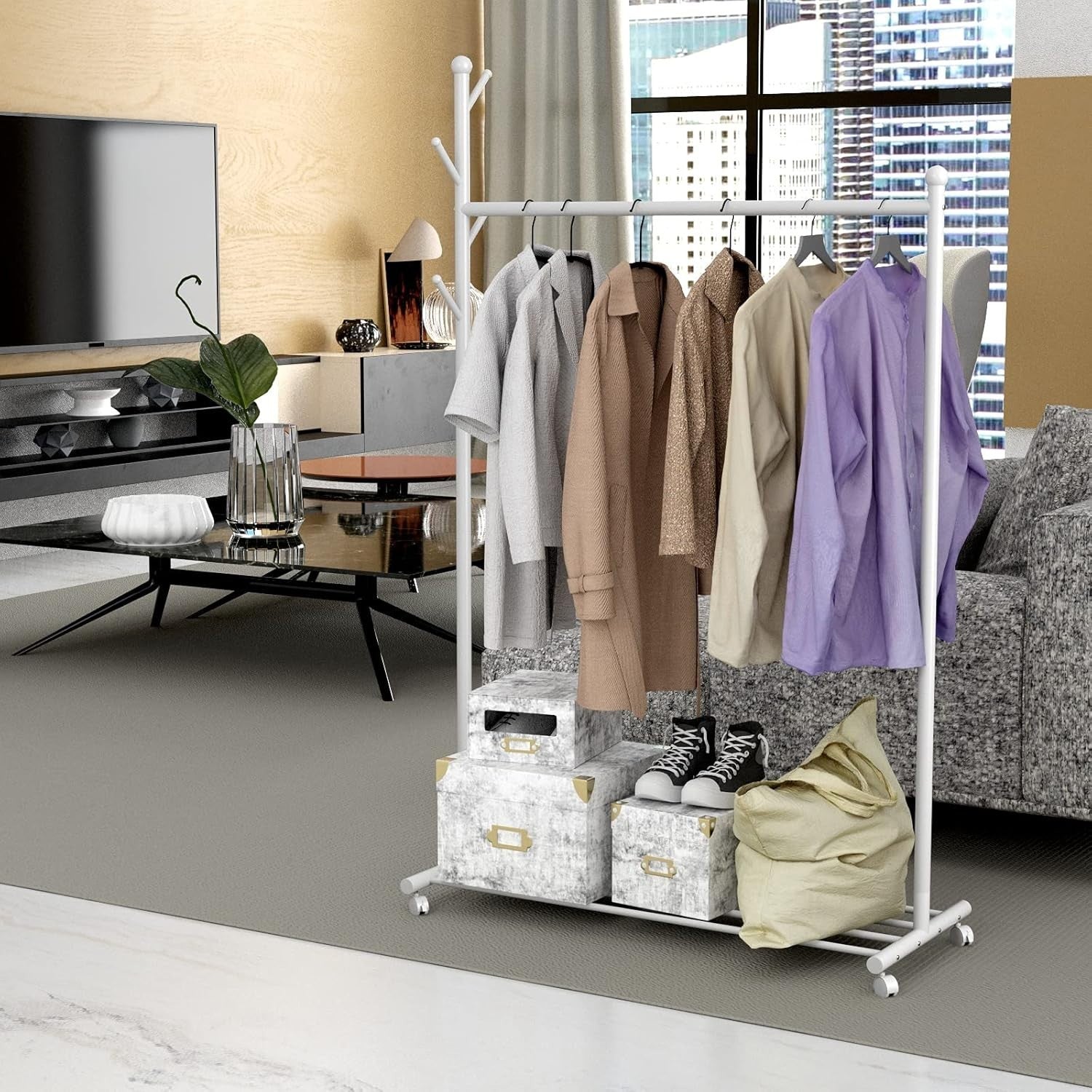 Heavy Duty Clothes Garment Rack with Shelf Wheels Metal White