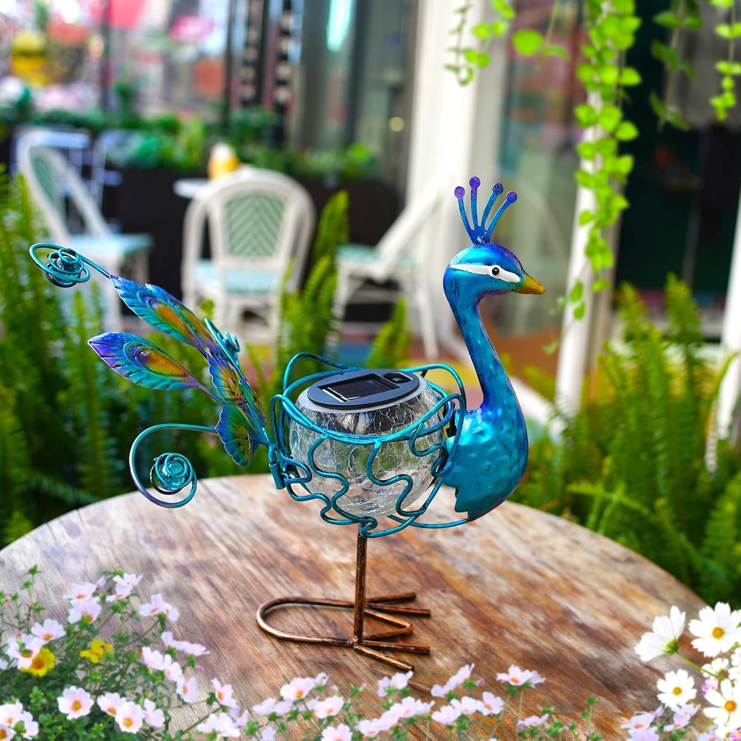 Solar Peacock Light Outdoor LED Garden Statue Metal Glass Yard Art Ornament