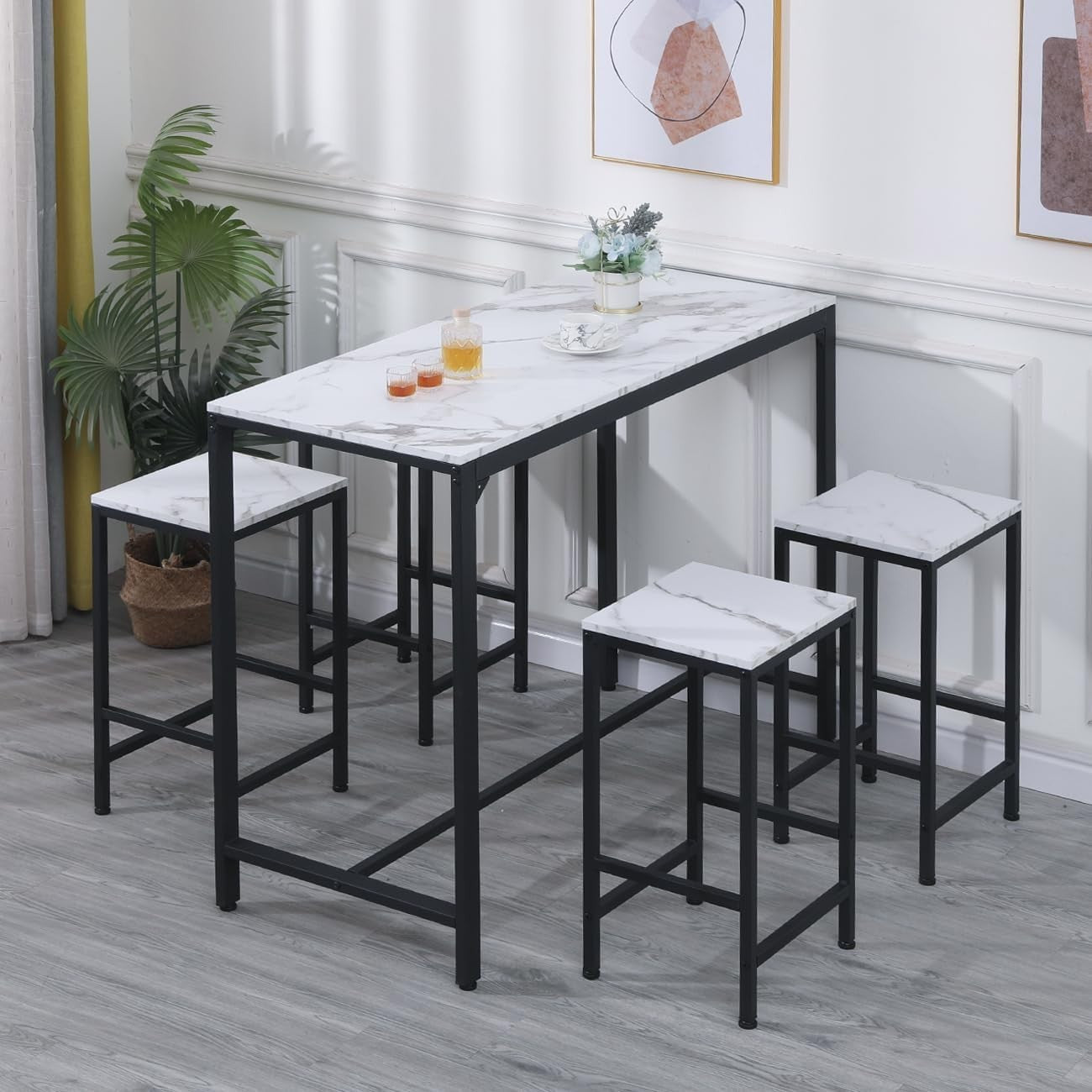 White Marble Dining Bar Table Set with 4 Stools Space-Saving Metal Frame