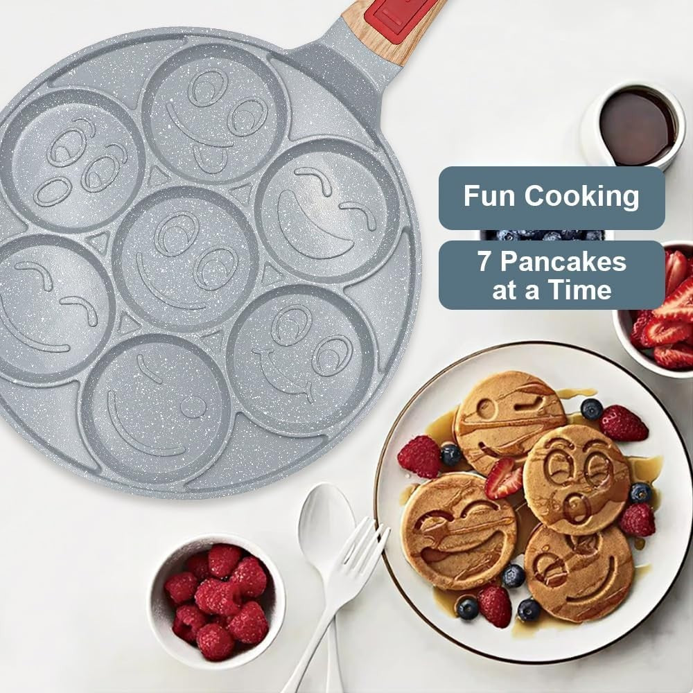 7-Hole Kids Pancake Pan Non-Stick Ceramic w/ Detachable Handle Blue Induction