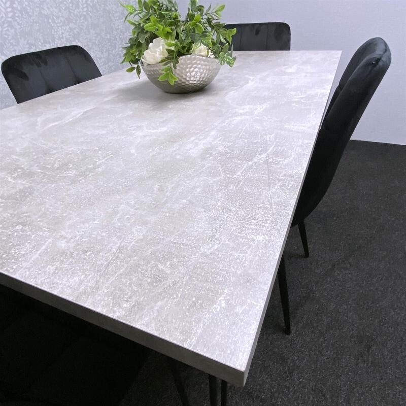 Grey Dining Table Set with 4 Black Velvet Chairs – Hairpin Legs 4 Seater