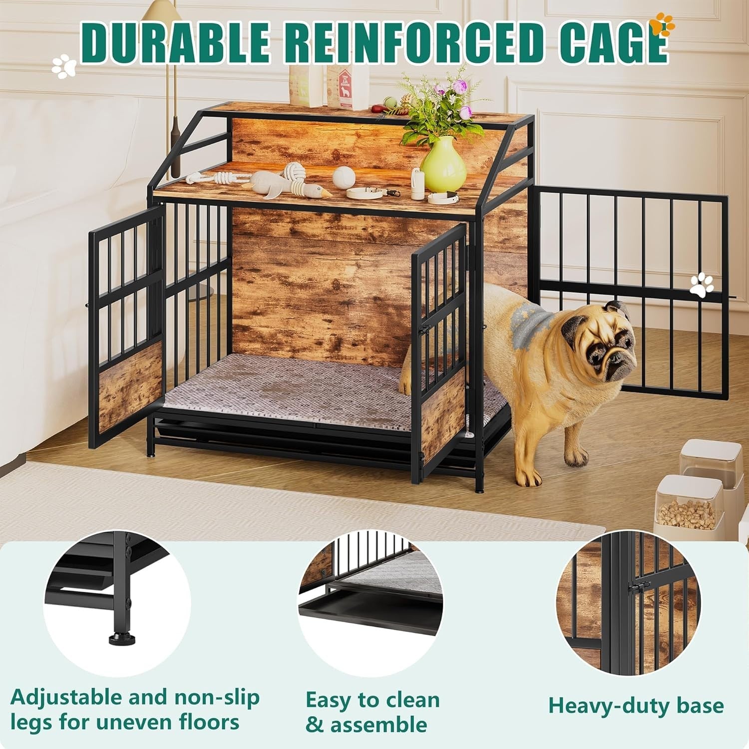 Rustic Dog Crate Furniture with LED Light & Removable Tray – Medium Size
