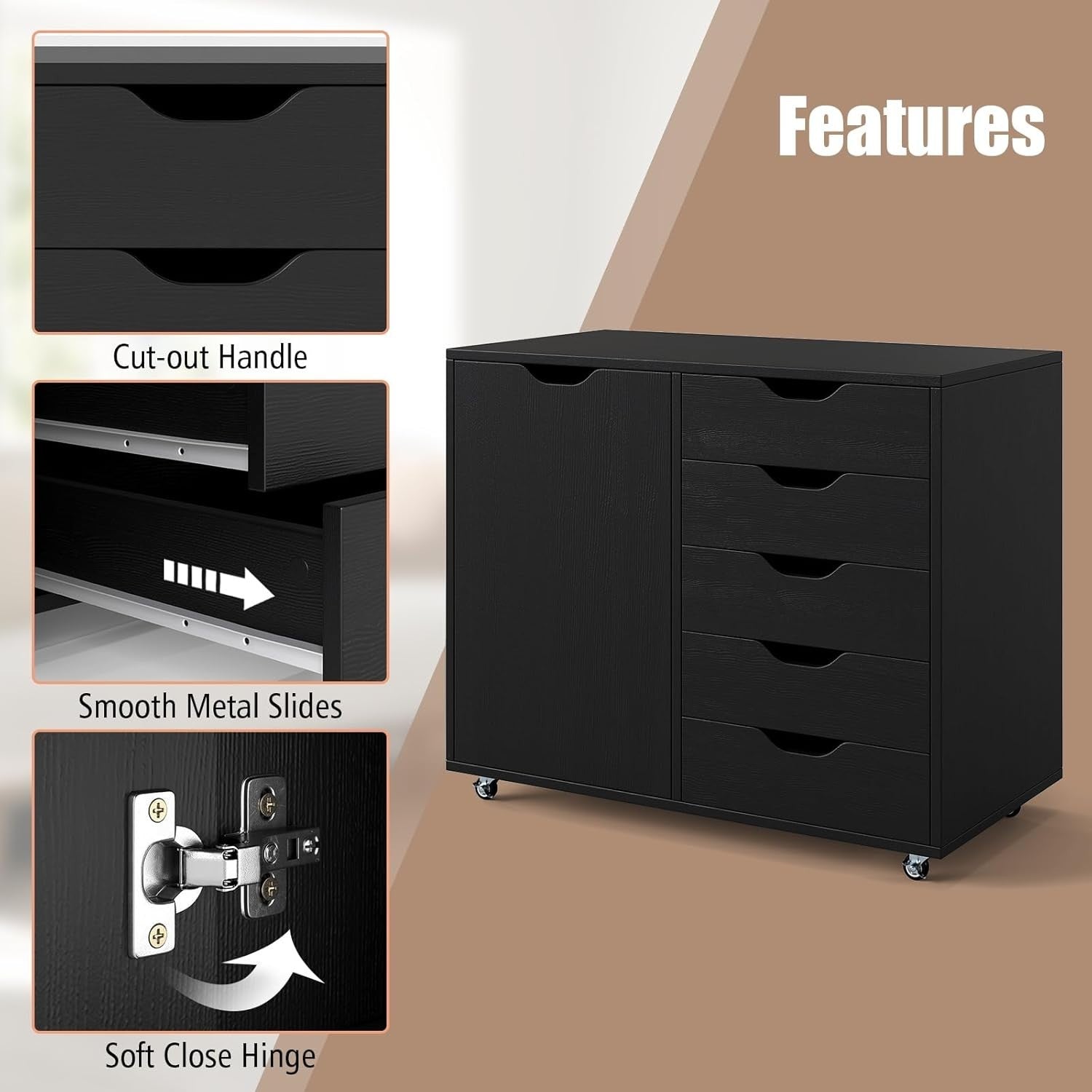 Black 5 Drawer Mobile File Cabinet 78x40x65cm Printer Stand