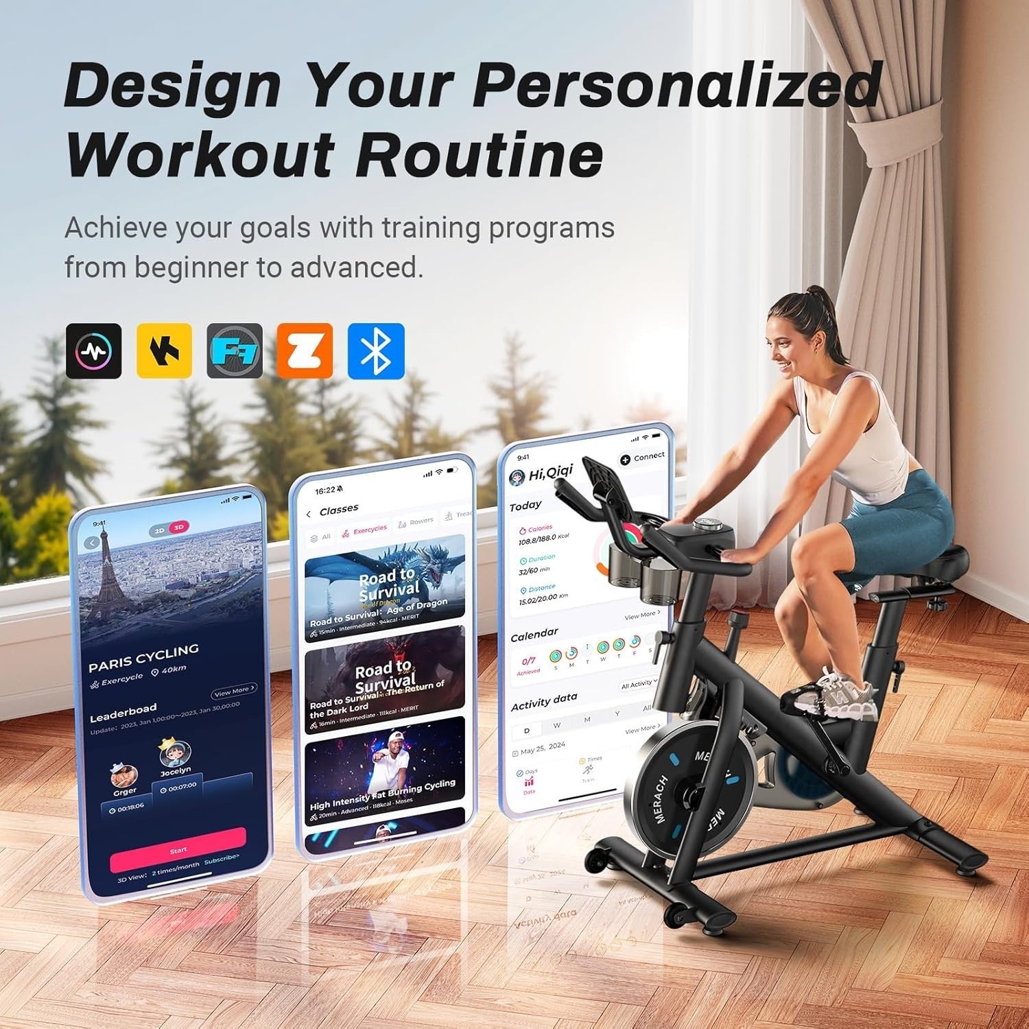 Quiet Magnetic Exercise Bike w/ LED Display, App Training, 15lb Flywheel 300lb