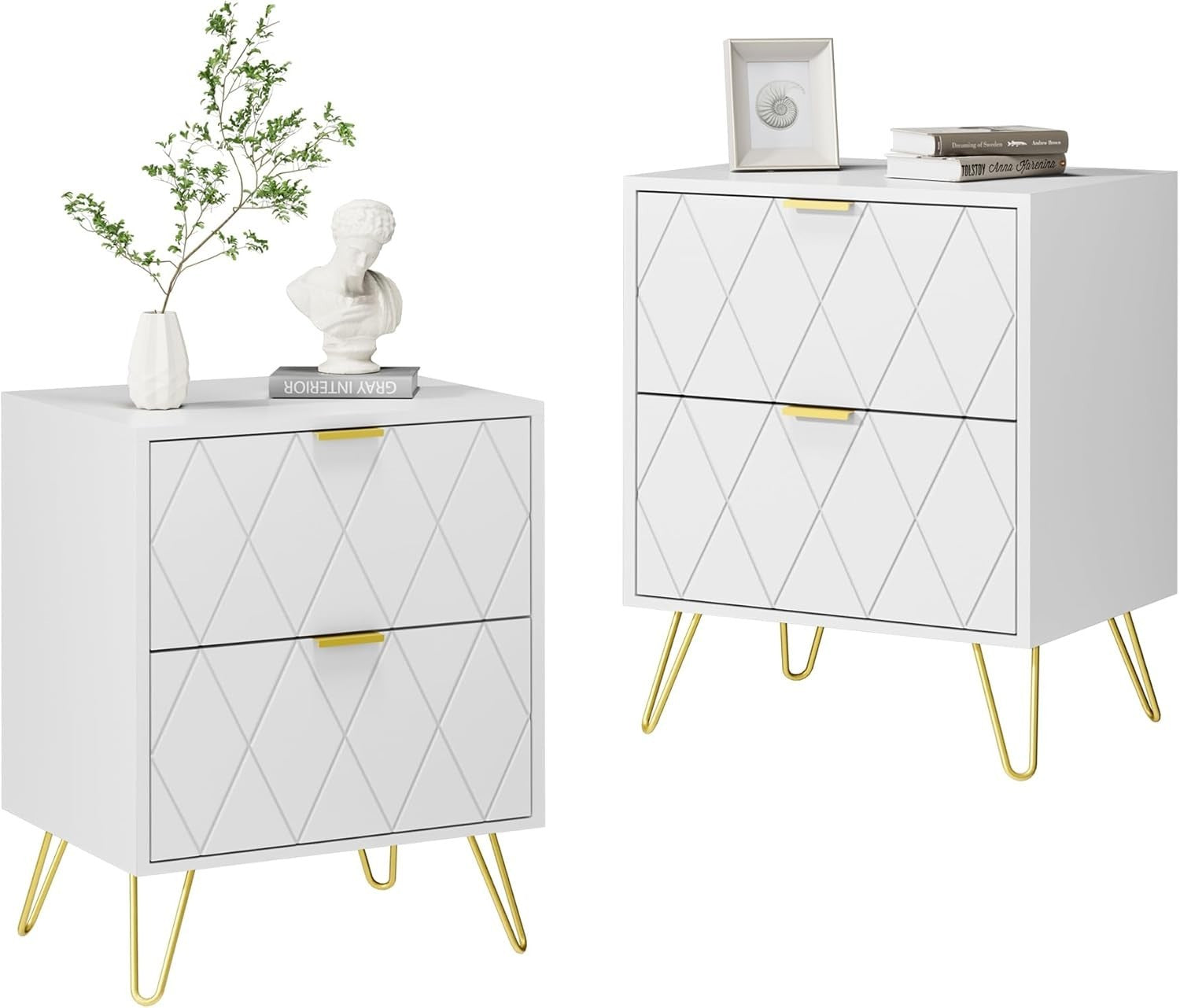 Set of 2 White Bedside Tables with Gold Legs | Modern 2 Drawer Nightstands