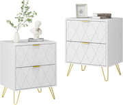 Set of 2 White Bedside Tables with Gold Legs | Modern 2 Drawer Nightstands