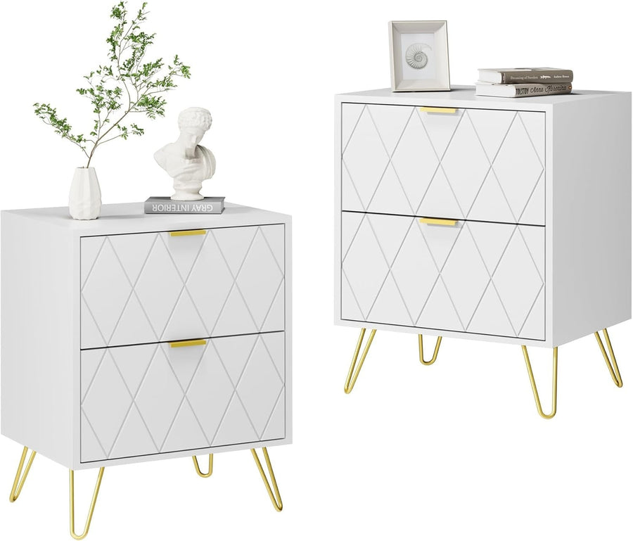 Set of 2 White Bedside Tables with Gold Legs | Modern 2 Drawer Nightstands