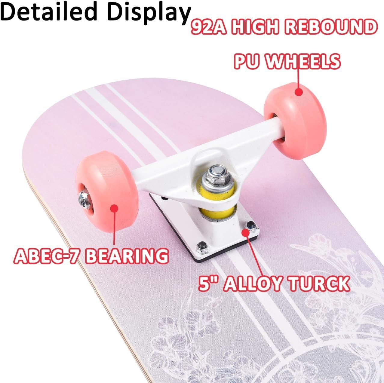 31in Beginner Skateboard Double Kick Maple Deck Pale Pink + T Tool
