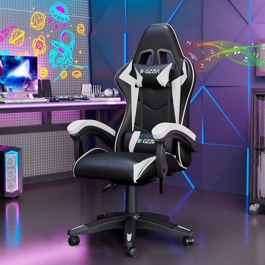 Gaming Chair w/ Bluetooth Speakers White Reclining Ergonomic