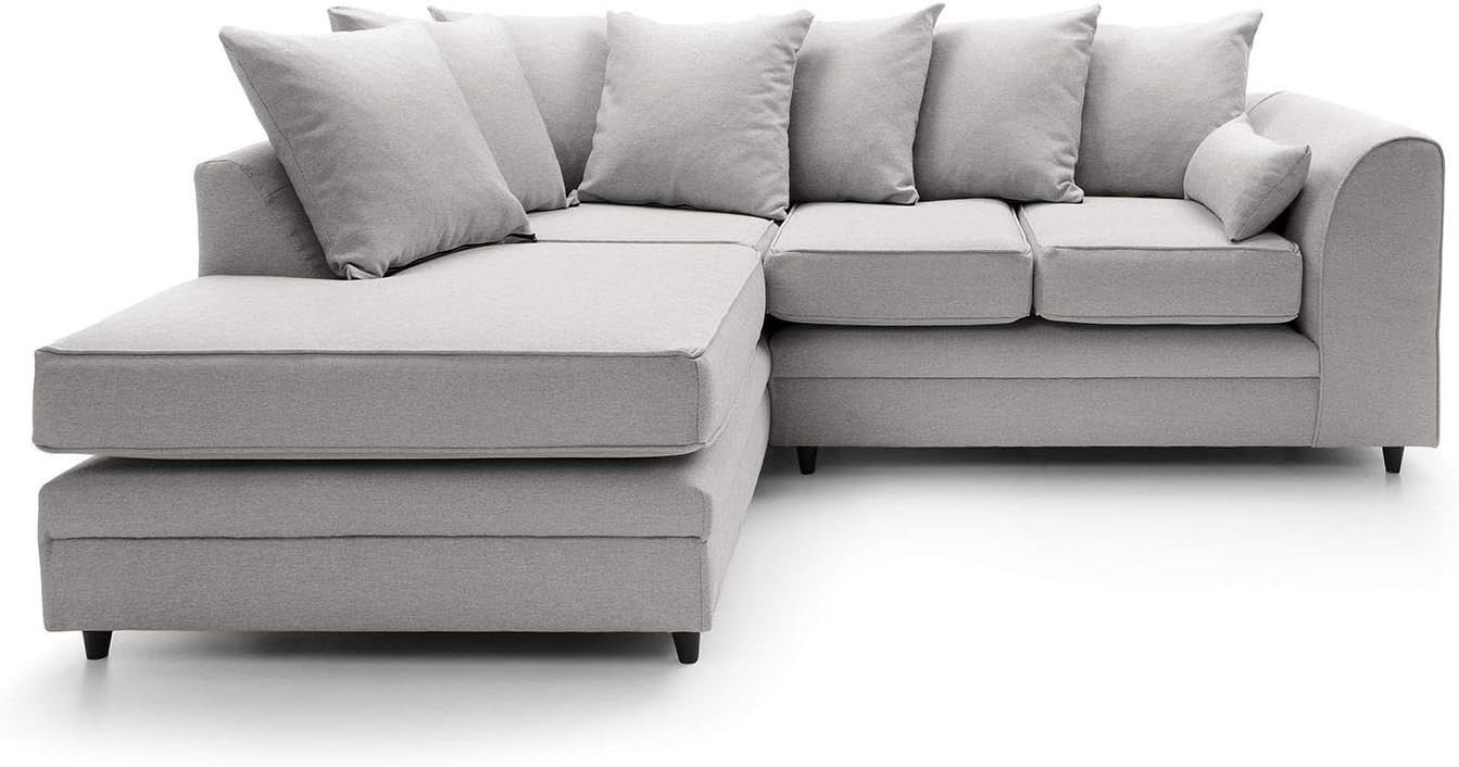 L-Shaped 3 Seater Corner Sofa Brushed Cotton Cushions Light Grey