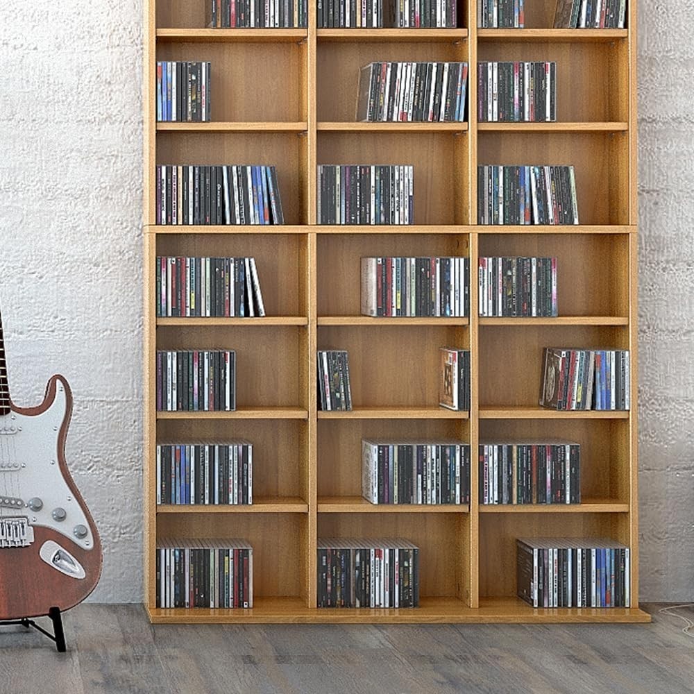CD DVD Storage Shelf Tower 178cm 27 Adjustable Shelves Wall Mount Beech