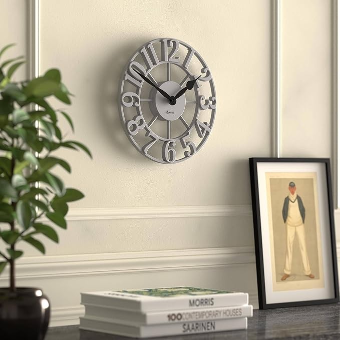 Grey 30cm Skeleton Wall Clock Silent Modern Raised Numerals Metal Home Decor
