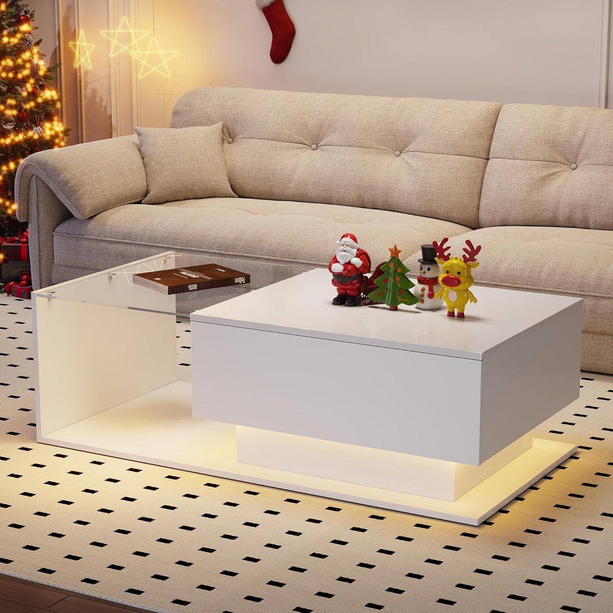 LED High Gloss Coffee Table with Drawer & Storage, Modern Glass Center Table