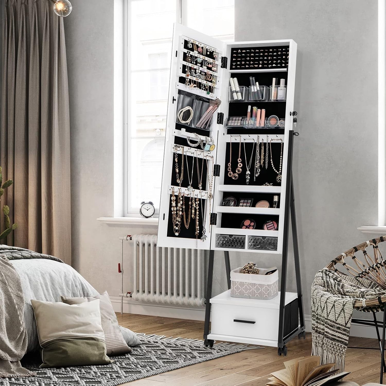 Rolling Jewelry Armoire with Full Length Mirror Lockable Cabinet White