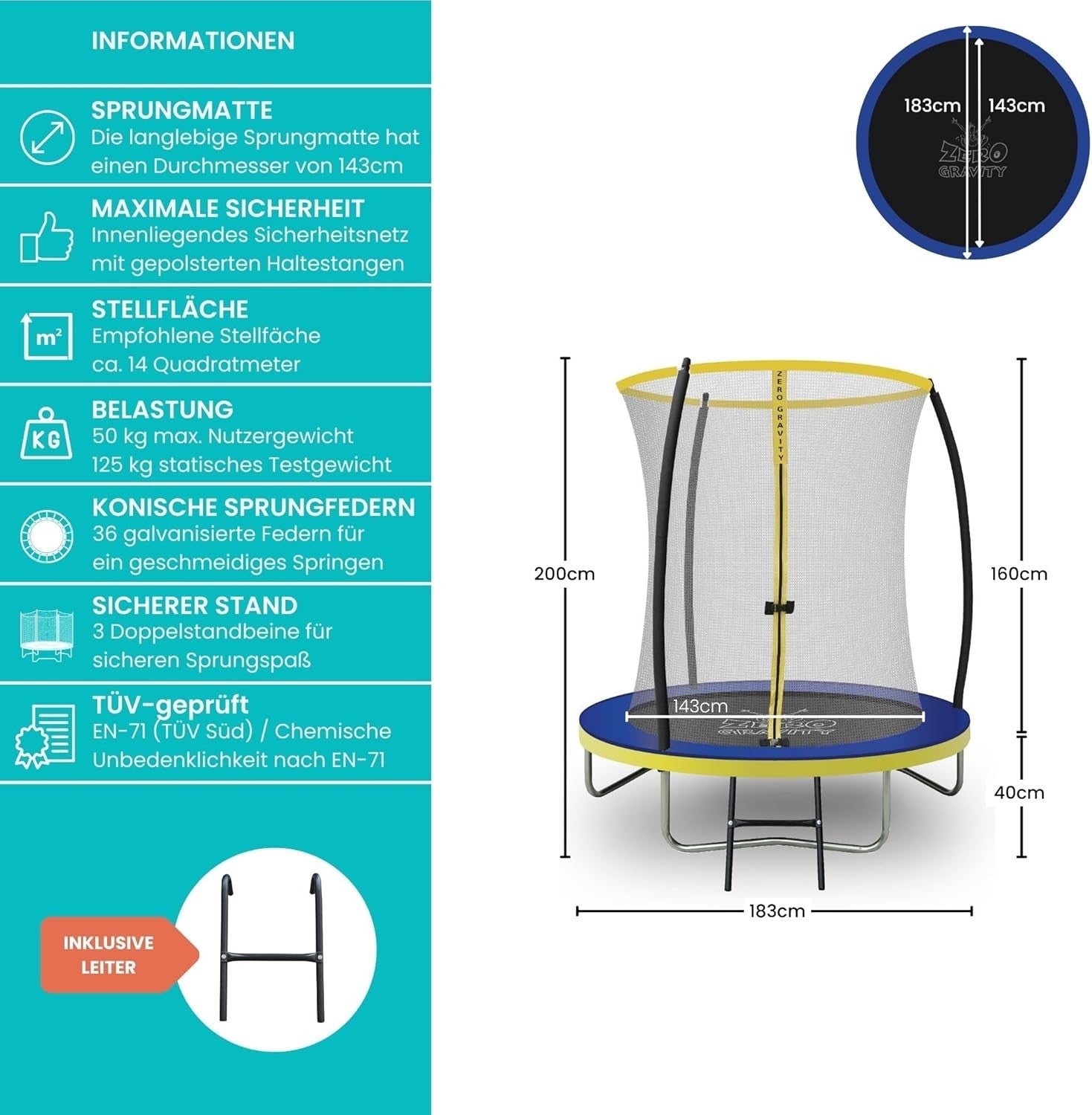 6FT Kids Garden Trampoline Safety Enclosure Ladder Round Outdoor