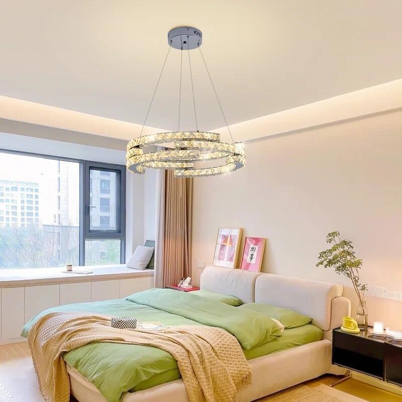 Modern LED Crystal Chandelier 3 Ring Pendant Light Dimmable 48W