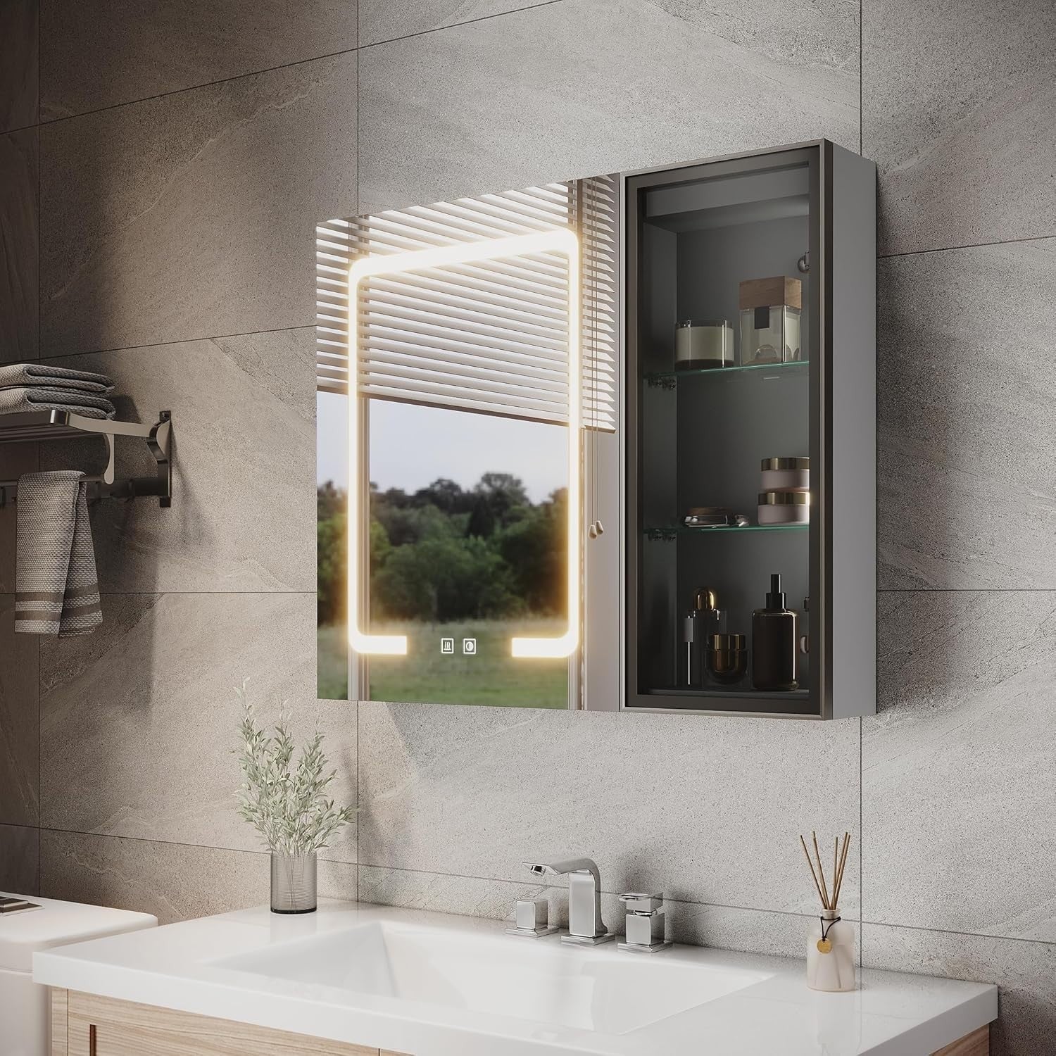 LED Bathroom Mirror Cabinet Wall Mounted with Open Storage & Anti-Fog