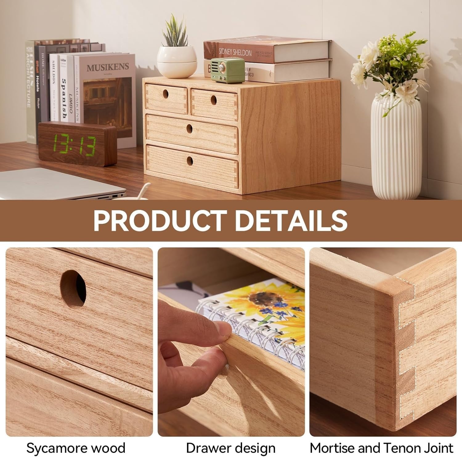Natural Wood Desktop Organizer 4 Drawer 35cm Filing Makeup Storage