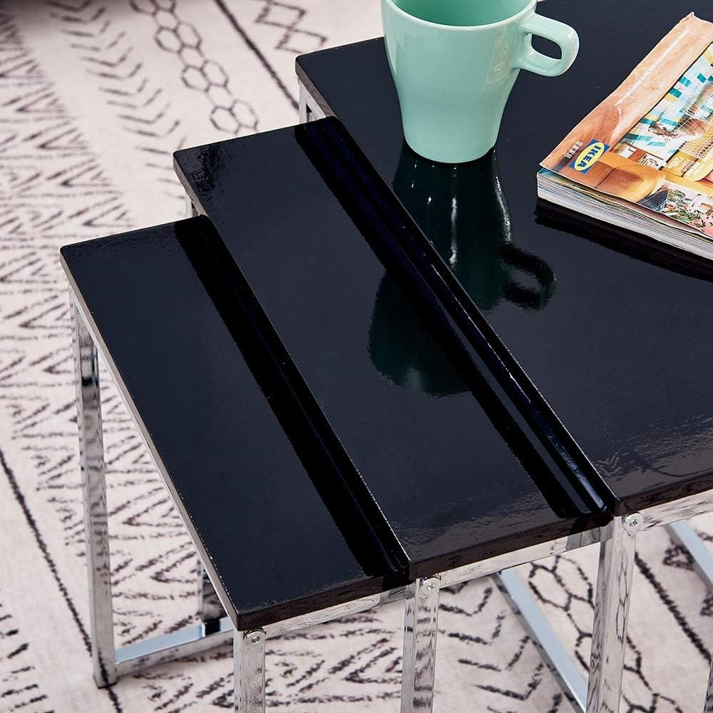 3PCS Black Modern Nesting Side End Table Set Metal Legs Wood Board Square