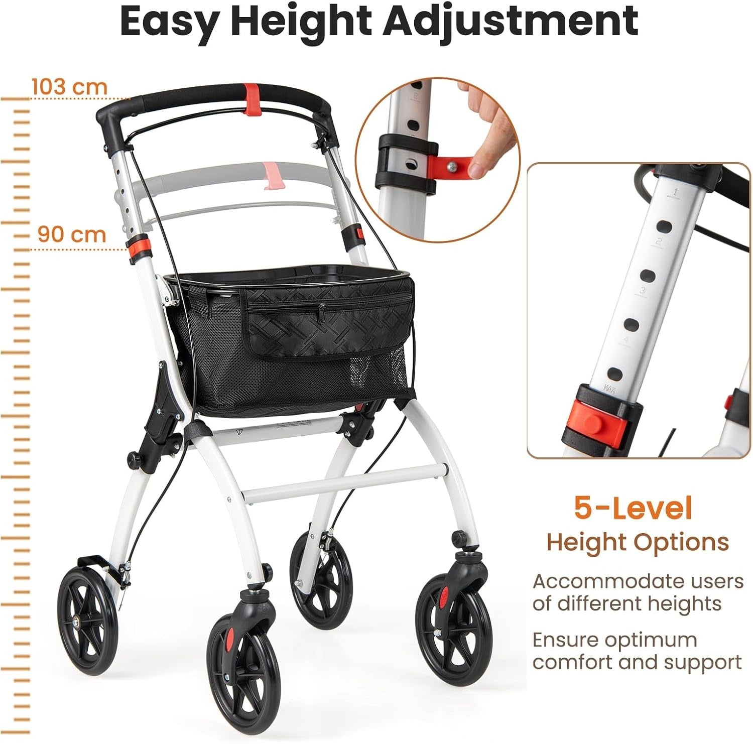 4 Wheel Rollator Walker Lightweight Folding Mobility Aid with Brakes & Tray