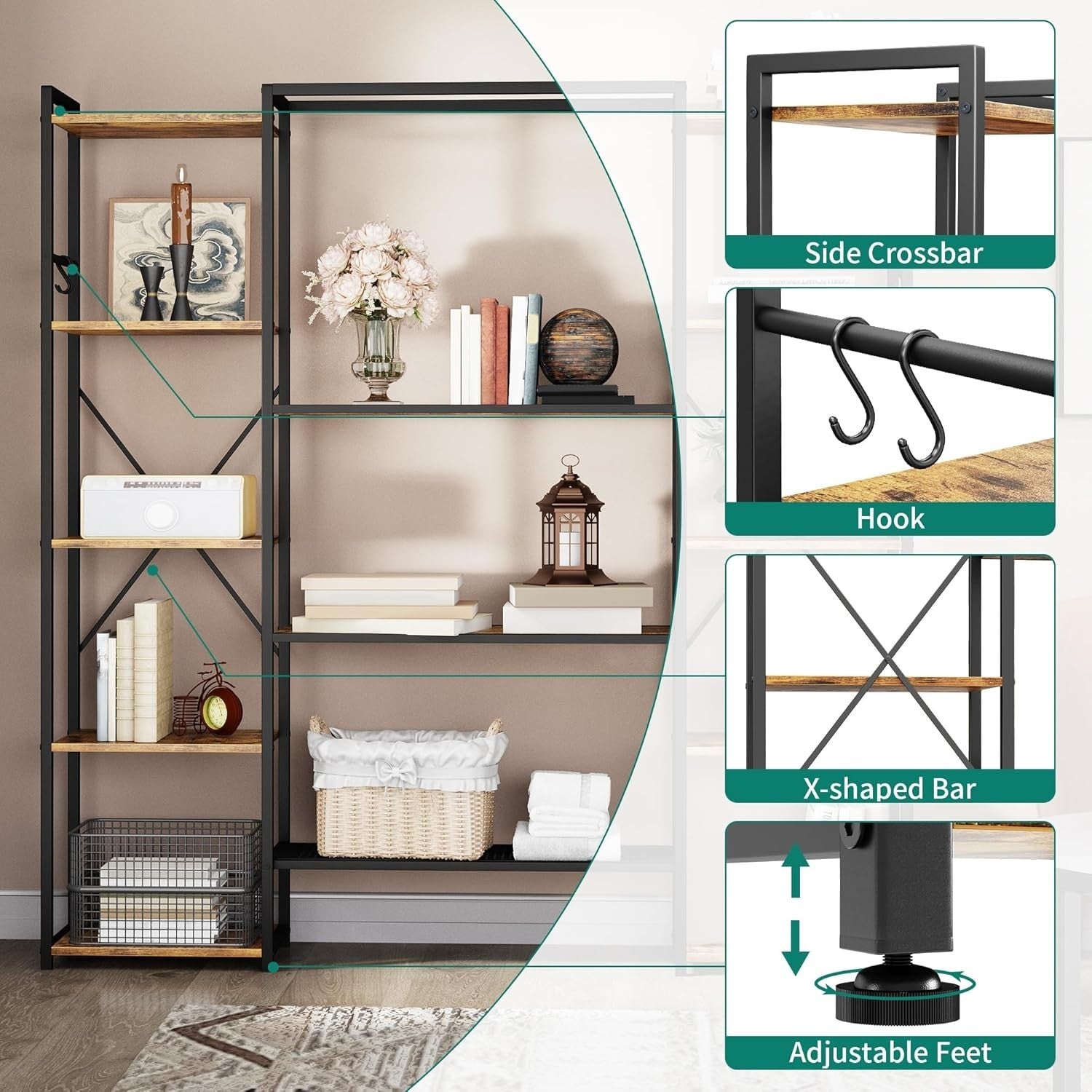 13 Shelf Industrial Bookcase Rustic Brown Metal & Wood Storage Display Rack