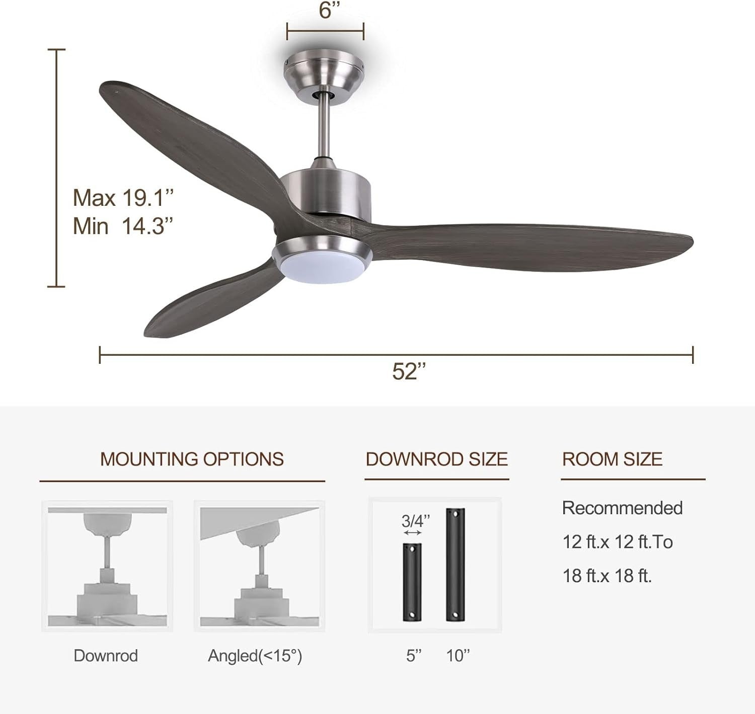 Ovlaim 132cm Solid Wood Ceiling Fan with Light, Quiet DC Motor, Remote
