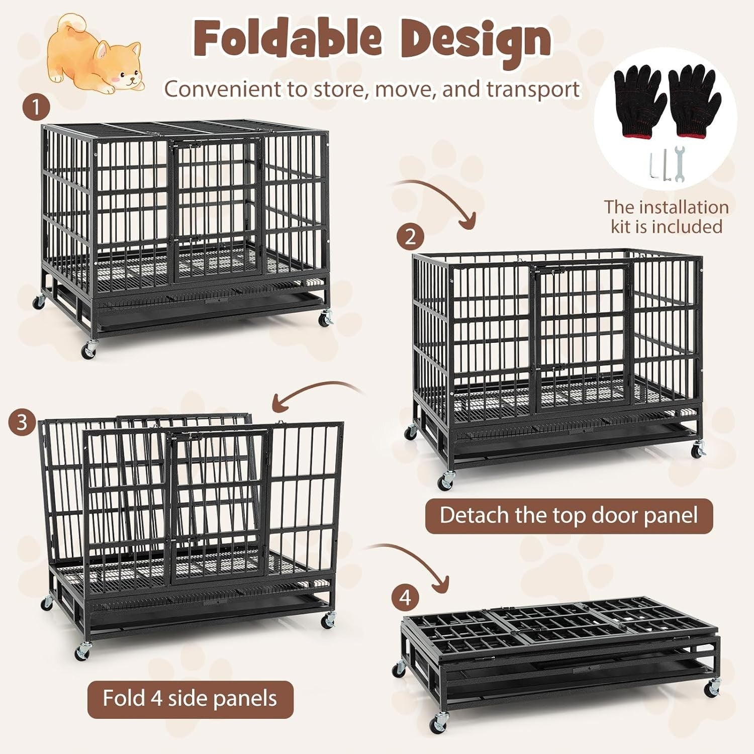 Heavy-Duty Foldable Dog Crate with Lockable Doors & Wheels for Large Dogs