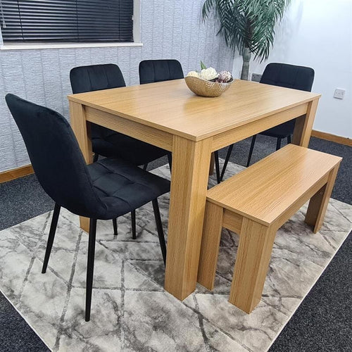 6 Seater Oak Dining Table Set with 4 Black Chairs & Wooden Bench Modern