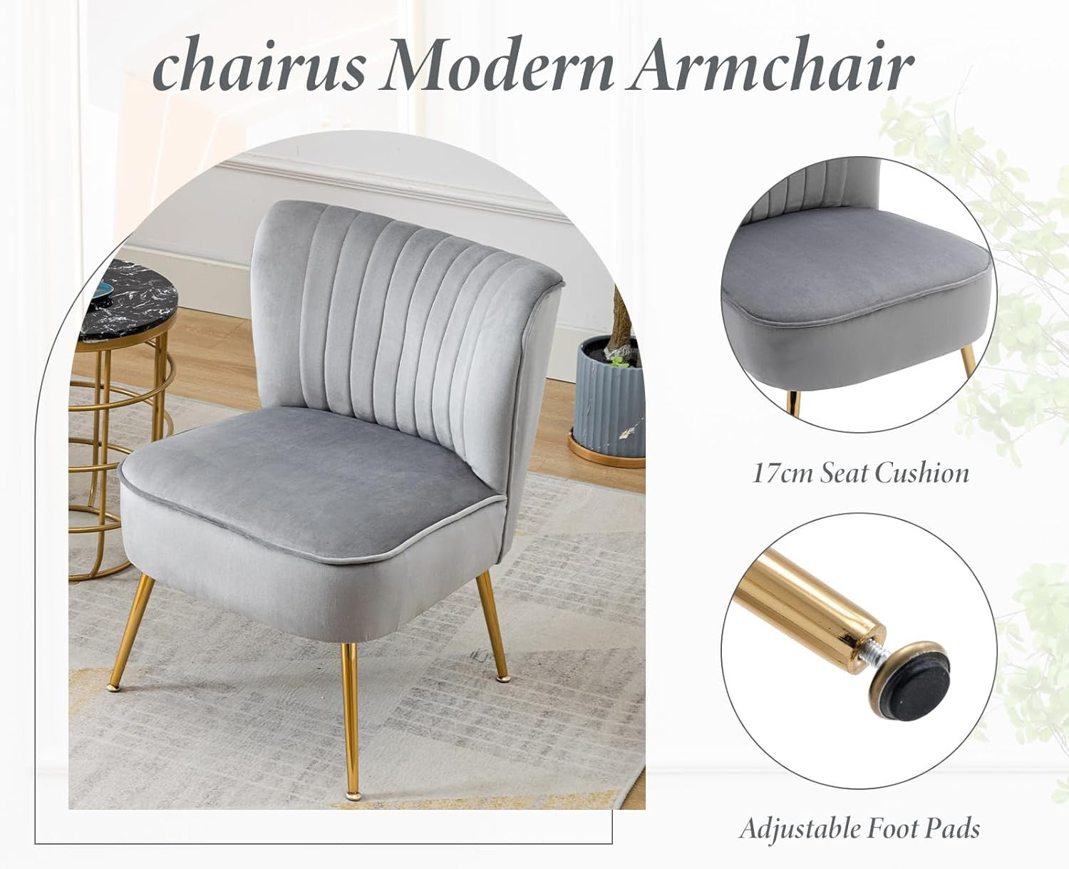 Grey Velvet Accent Tub Chair Gold Metal Legs Modern Armchair